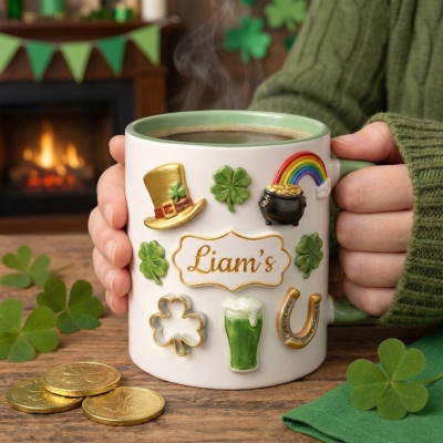 Mug vert personnalisé pour la Saint-Patrick, en céramique, 325 ml (11 oz) avec trèfle porte-bonheur, arc-en-ciel et or, cadeau idéal pour la Saint-Patrick pour la famille et les amis irlandais.