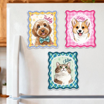 Personlig akvarell husdjursporträtt tecknad kylskåpsmagnet med namn, söt katt/hund fotorammagnet, heminredning, födelsedagspresent för husdjursägare/älskare