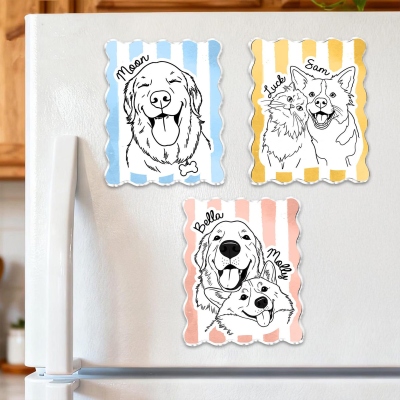 Anpassad randig kylskåpsmagnet med namn och husdjursporträtt, handritad hund-/kattfotomagnet med linjekonst, heminredning, födelsedagspresent till husdjursägare/hundmamma/familj