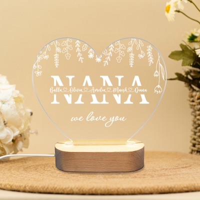 Personalized Family Names Heart Shaped LED Night Light, Acrylic Night Lamp with Wooden Base, Birthday/Mother's Day Gift for Mom/Grandma/Family