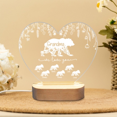 Personalized Floral Bear Family Heart Night Lamp with Names, Night Light with Wooden Base, Home Decor, Birthday/Mother's Day Gift for Family/Mom