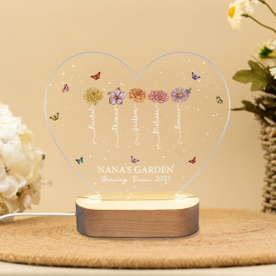 Custom Names & Birth Flowers Grandma's Garden Heart LED Night Light, Acrylic Night Lamp with Wooden Base, Birthday/Mother's Day Gift for Mom/Grandma