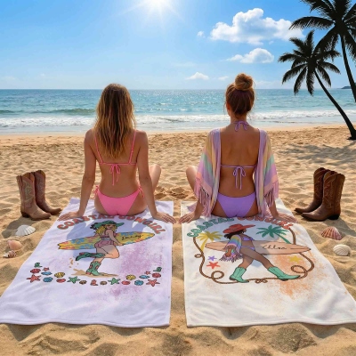 Personalized Name Boho Flirty Cowgirl Beach Towel, Quick Dry Microfiber Sand Towel, Summer Vacation/Beach Party Favor, Birthday Gift for Besties/Girls