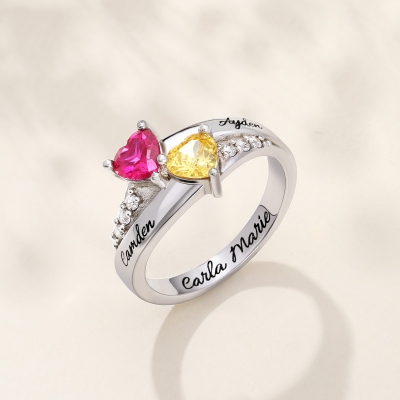 Engraved Double Heart Birthstone Ring Sterling Silver