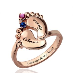 Engraved Baby Feet Birthstone Ring for Mom In Rose Gold