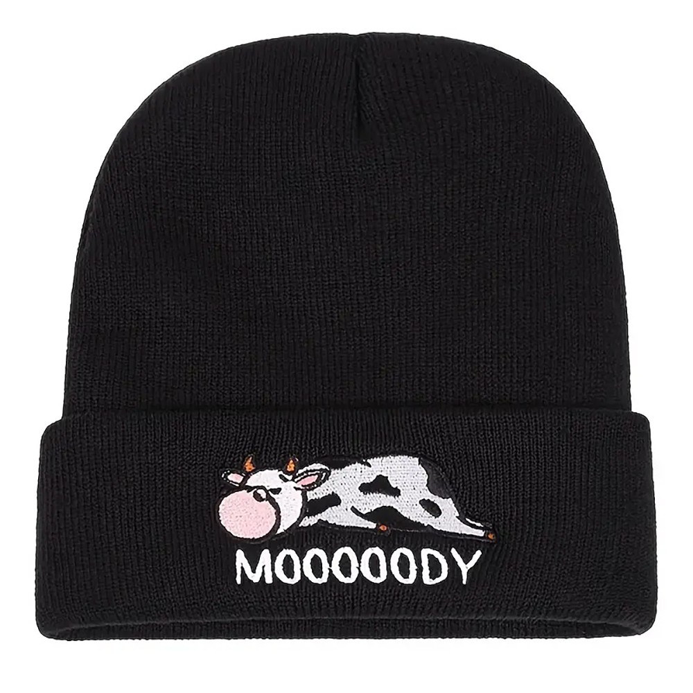 Cute Cow Embroidery Graphic Beanie Solid Color Elastic Skull Cap Lightweight Knitted Cap Cuff Beanie Hat Women Daily Use