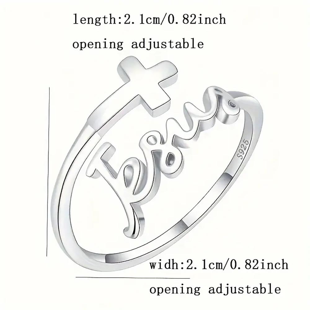 925 Sterling Silver Ring Fashionable Cross with 'Jesus' Design Adjustable Wrap Ring Matches Everyday Clothing Suitable for Men and Women
