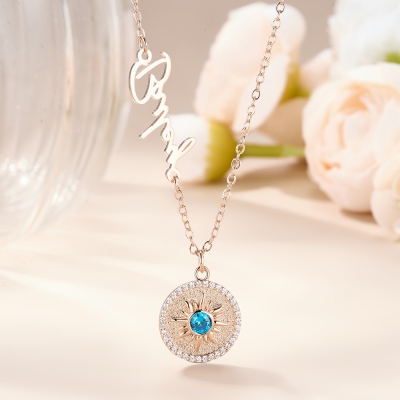 Personalized Dainty Sun Necklace with Birthstone, Customized Sideway Name Sterling Silver Necklace, Women's Jewelry, Gift for Mom/Girlfriend/Daughter