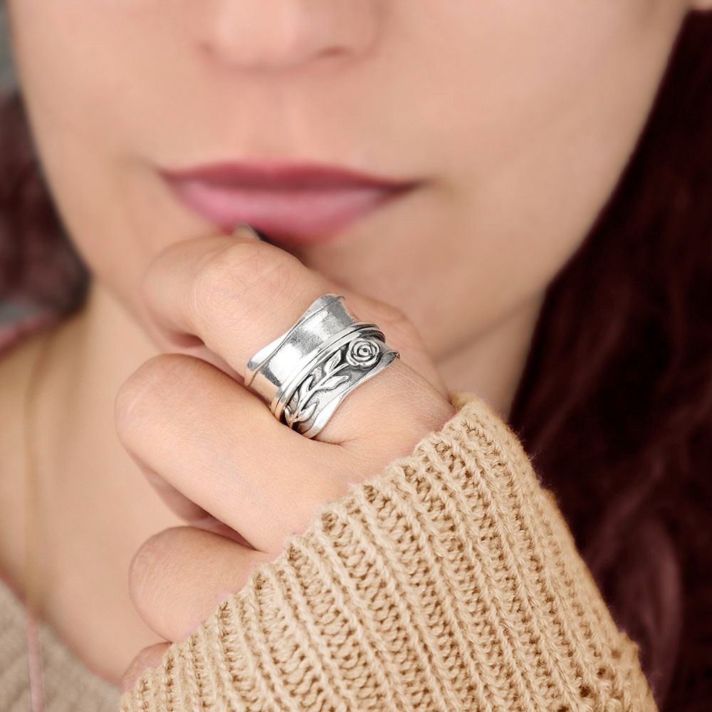Personalized Rose Fidget Ring, Sterling Silver 925/Brass Spinner Ring