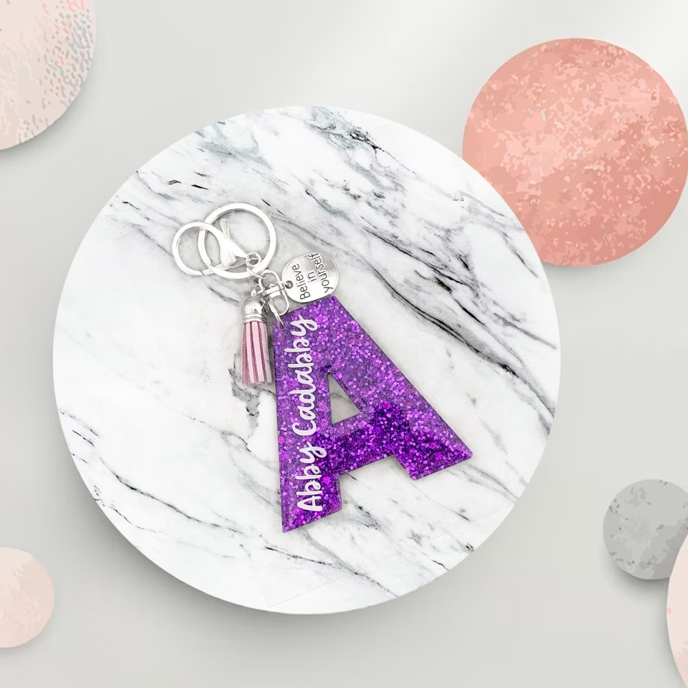 Custom Sparkly Glitter Keychain with Initial & Name, Personalized Acrylic Keychain, Bag Purse
