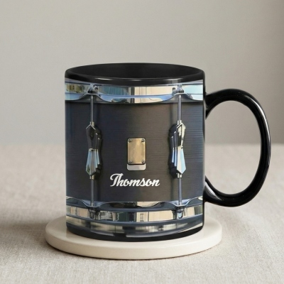 Personalized Black Vintage Drum Mug with Name, 11oz/15oz Ceramic Drumming Coffee Mug, Birthday/Anniversary Gift for Drummers/Music Enthusiasts/Friends