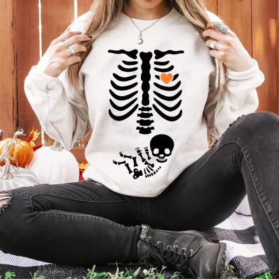 Halloween Skeleton Maternity Sweatshirt, Funny Skeleton Baby Pregnancy Announcement Shirt, Halloween Accessory, Halloween Gift for New Mom/Dad/Couple