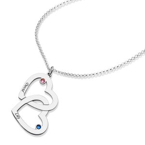 Attractive Sterling Silver Engraved 2-5 Intertwined Hearts With Birthstones Necklace