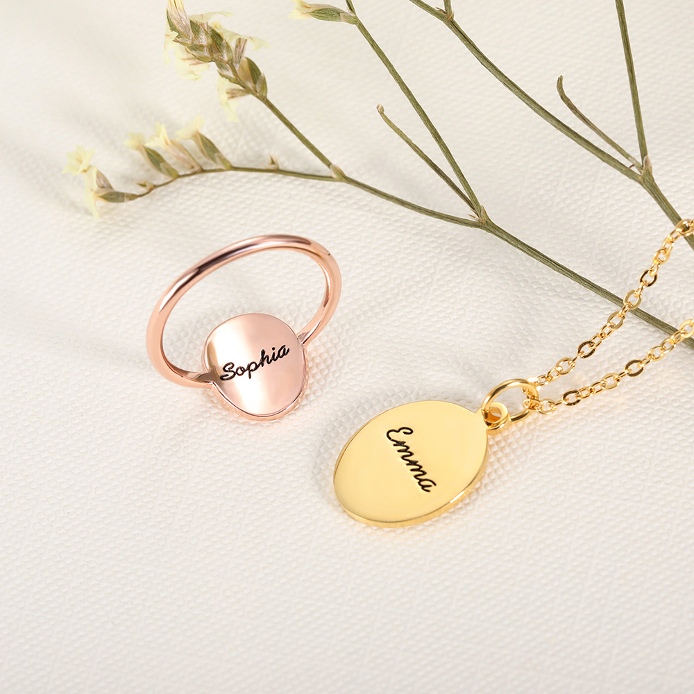 Personalized Birth Flower Necklace & Ring With Engraving