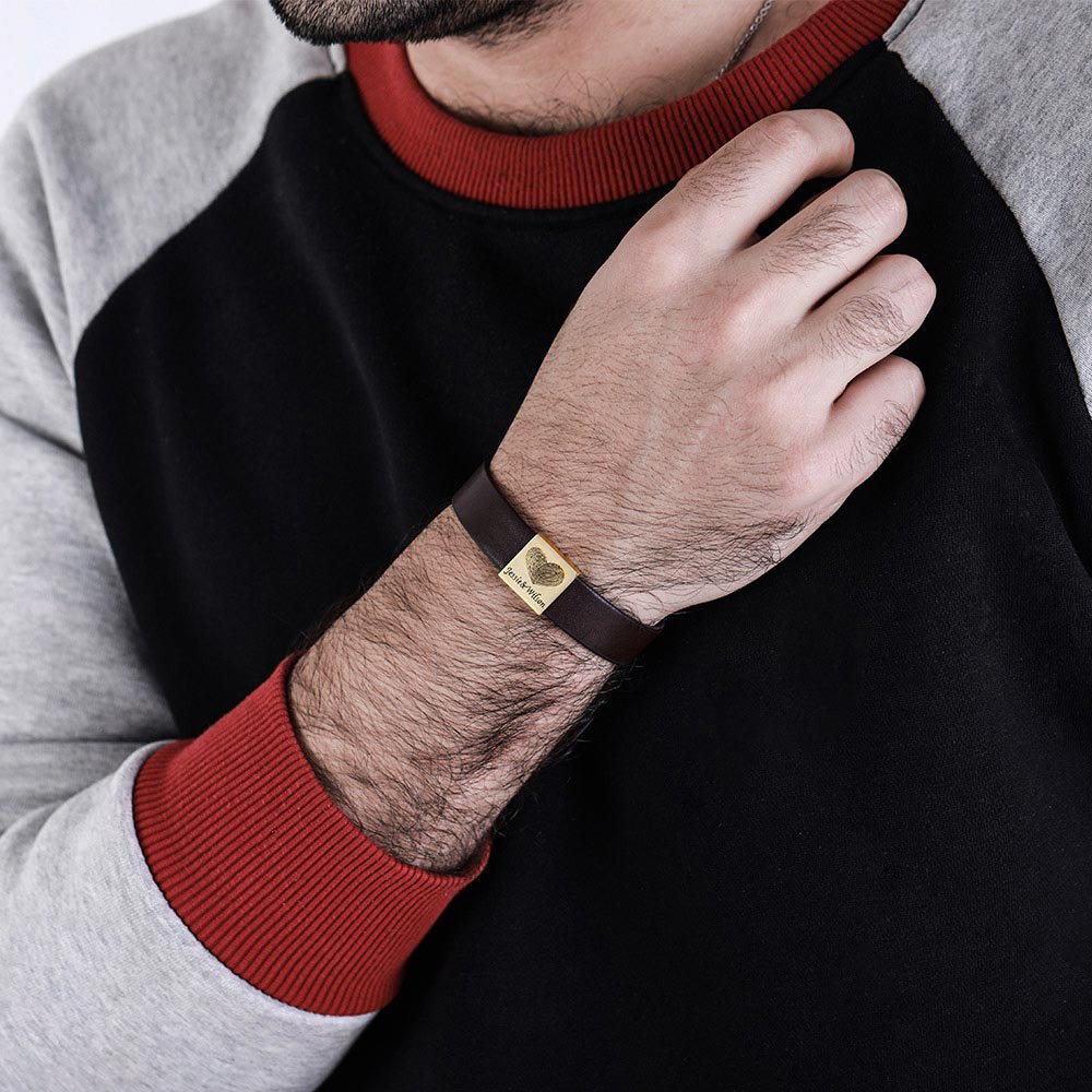 Personalized Men's Leather Bracelet with Couple's Fingerprint