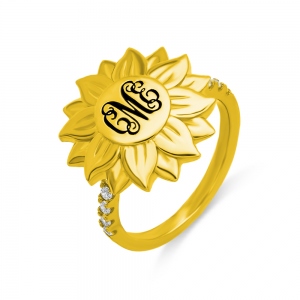 Personalized Monogram Blackened Sunflower Ring