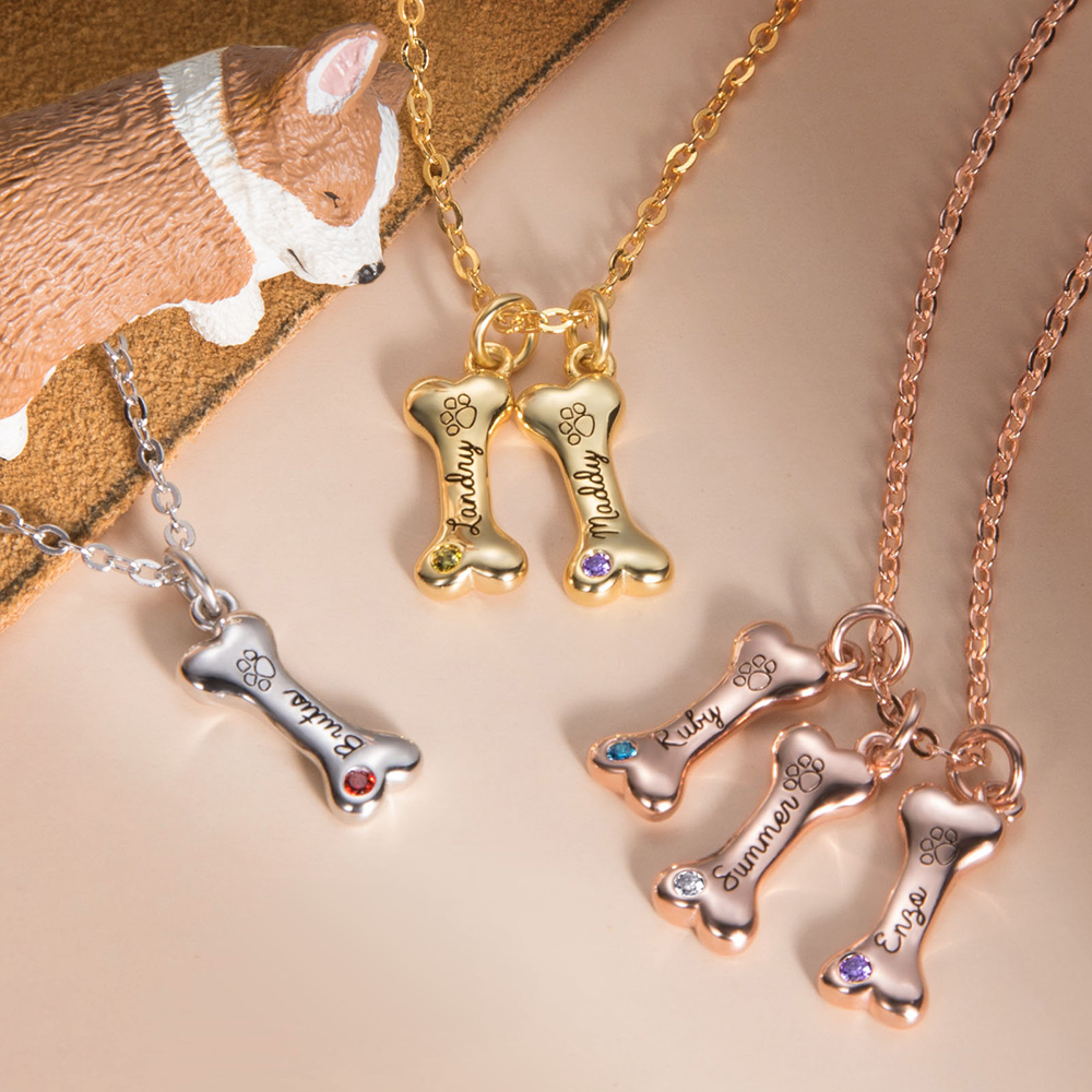 Personalized Dog Bone Necklace - Custom 1-5 Names With Birthstones For Dog Lovers