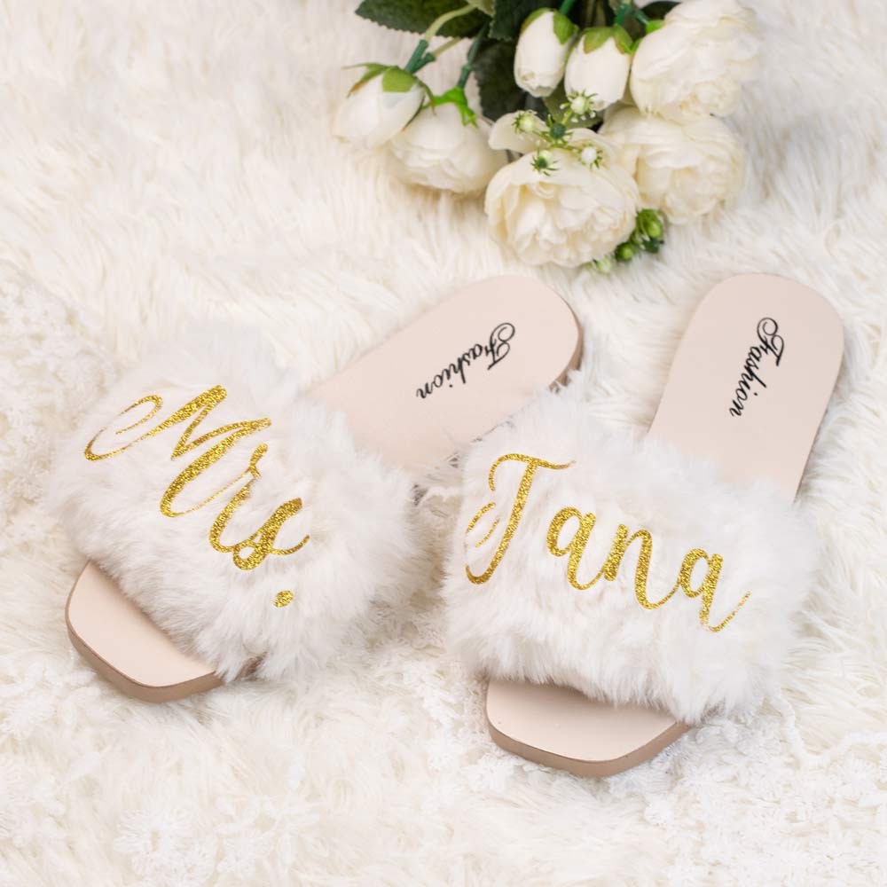 Bling Furry Personalized Bride Slippers