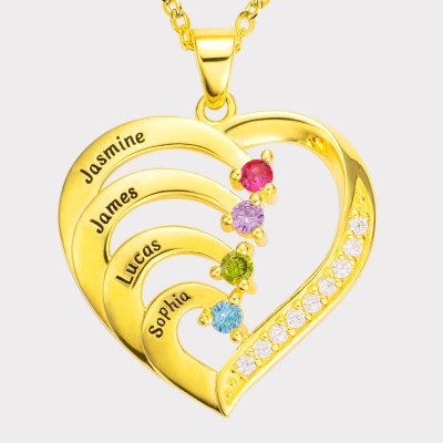 Personalized 4 Names and 4 Birthstones Family Heart Necklace