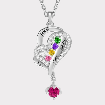 Custom 4 Birthstones & Names Double Love Heart Necklace