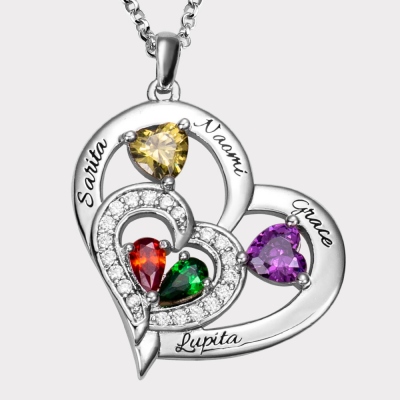 Custom 4 Heart-shaped Birthstones & Names Family Necklace