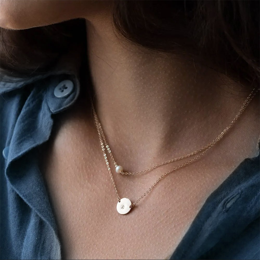 Pearl Birthstone and Initial Disc Necklace