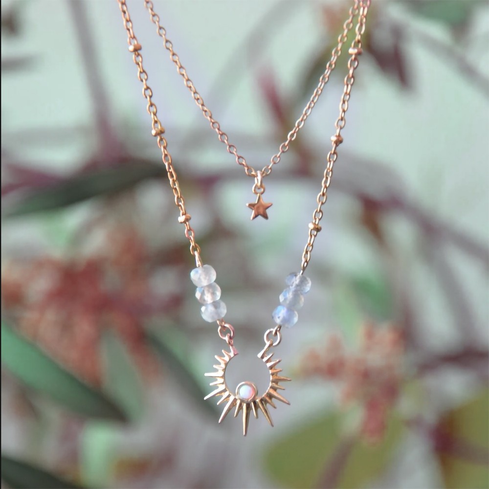 Multi-layered Necklace, Boho Star Neck Chain Choker Pendant Necklace, Atelier Opal Labradorite Inox Brass, Fashion Jewelry for Women and Girls