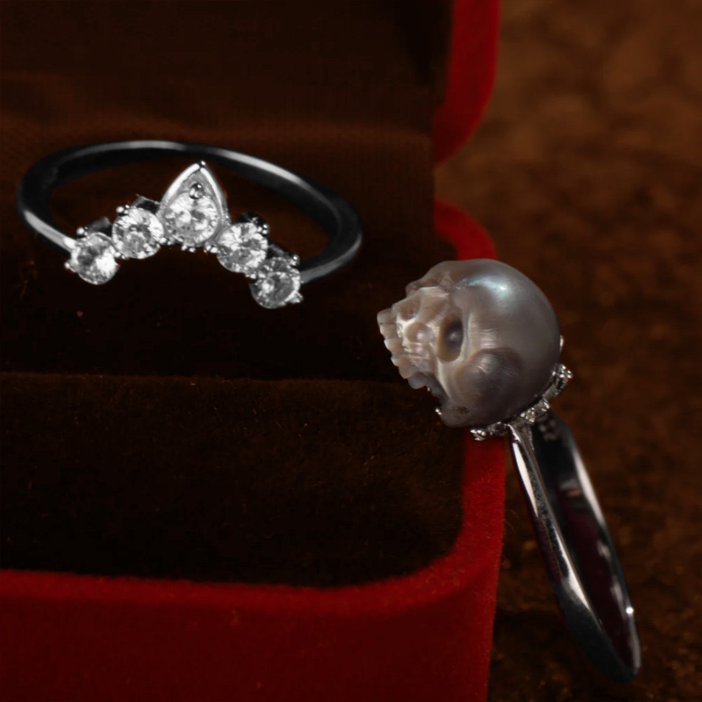 Personalized Pearl Skull Ring Crystal Crown Ring, 2 Pieces Sterling Silver Ring Stackable Matched Ring, Gothic Dark Jewelry for Her, Be My Queen