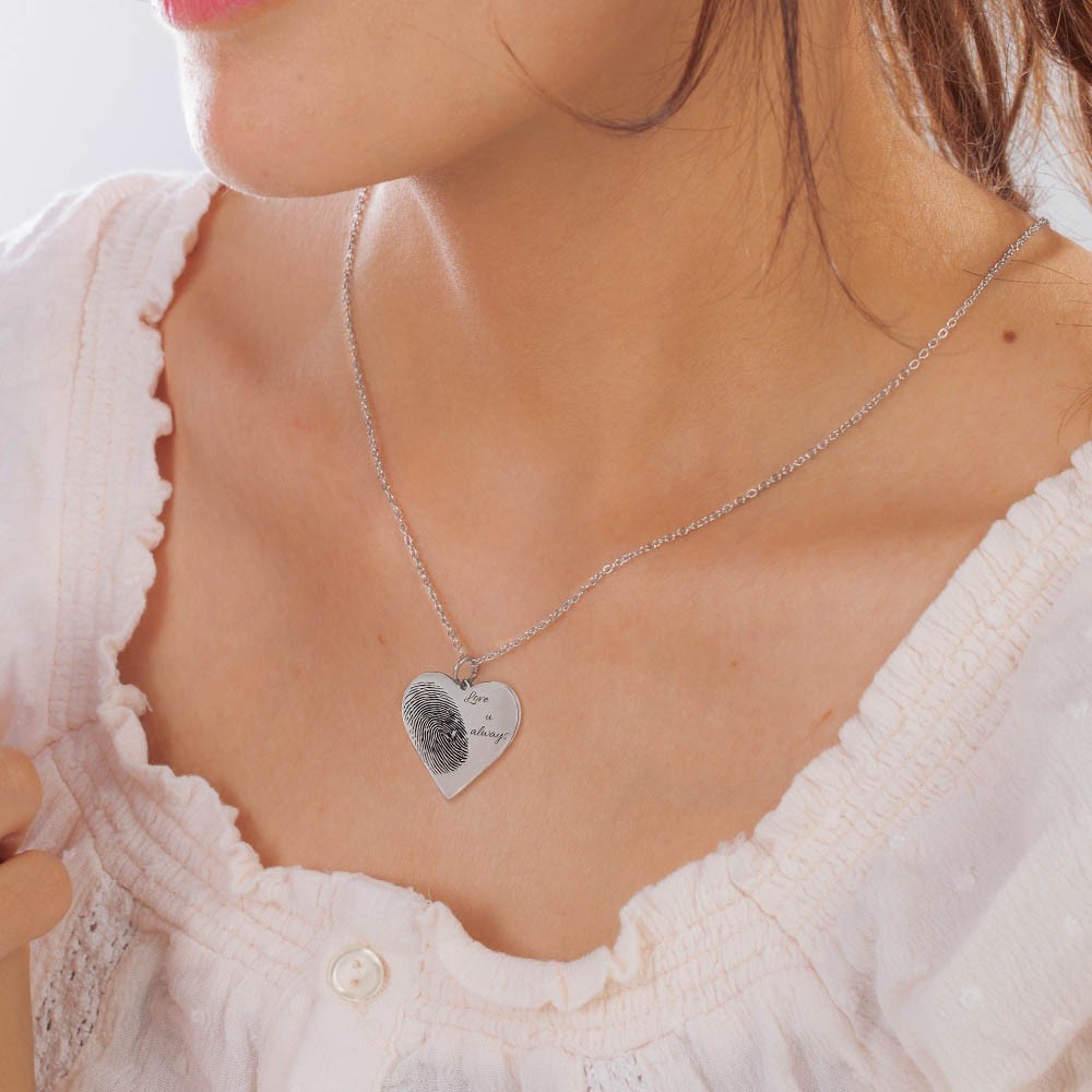 Heart Necklace with Fingerprint Engraved, Custom Photo Necklace with Thumbprint Keepsake Pendant, Memorial Jewelry for Anniversary Birthday Gifts