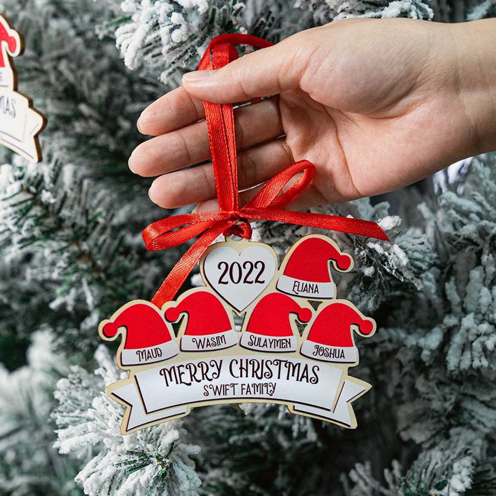 Custom Family Christmas Ornament, Santa Hat Hanging Ornament with Personalised 2-10 Names, Christmas Tree Decor Holiday Decorations