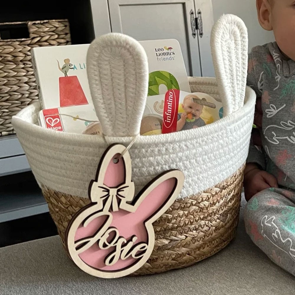 Personalized Bunny Easter Basket Tag, Custom Easter Place Card Name, Easter Basket Name Charm