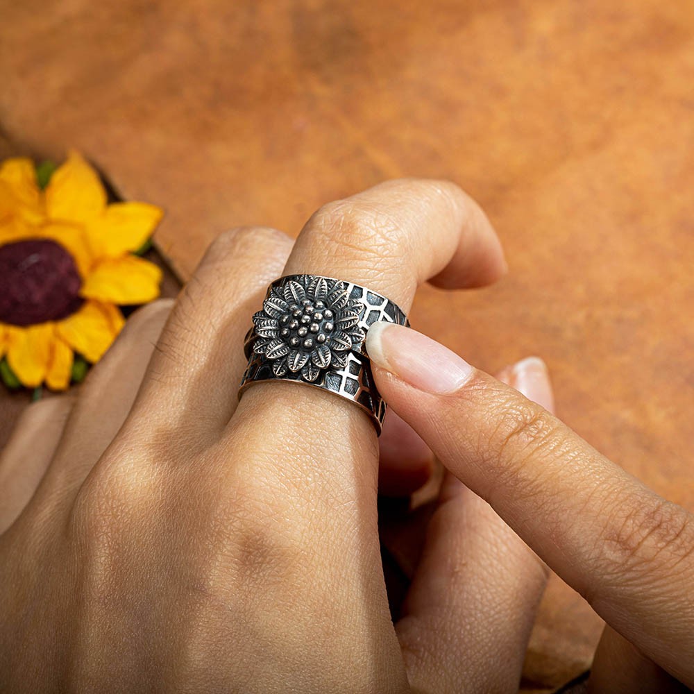 Custom Sunflower Fidget Ring, Anti-Anxiety Flower Spinner Ring, Worry Ring, Sterling Silver 925/Brass Boho Chunky Ring, Fidget Jewelry for Women