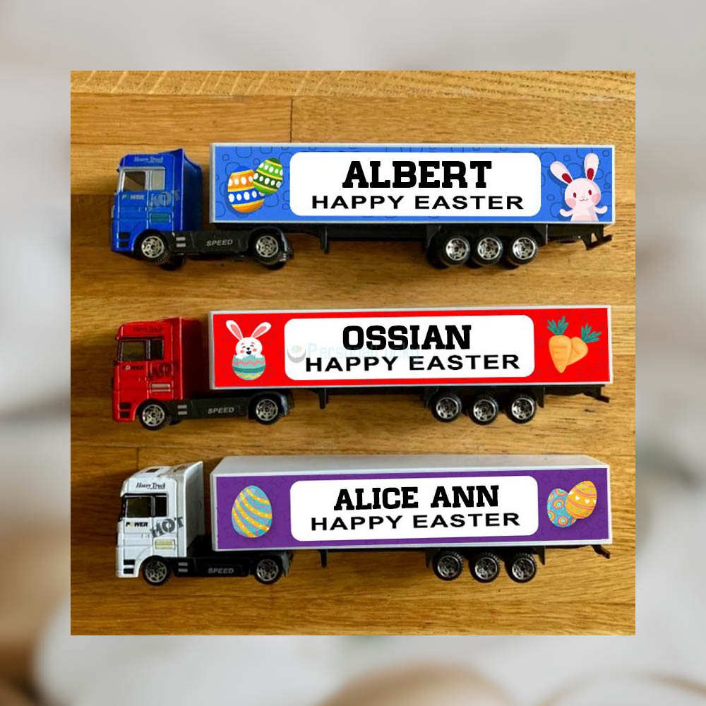Camions de jouets personnalisés pour enfants de Pâques, cadeaux de Pâques pour les enfants, jouet de nom personnalisé, jouets de camion de Joyeuses Pâques, cadeaux d'anniversaire/fête des enfants