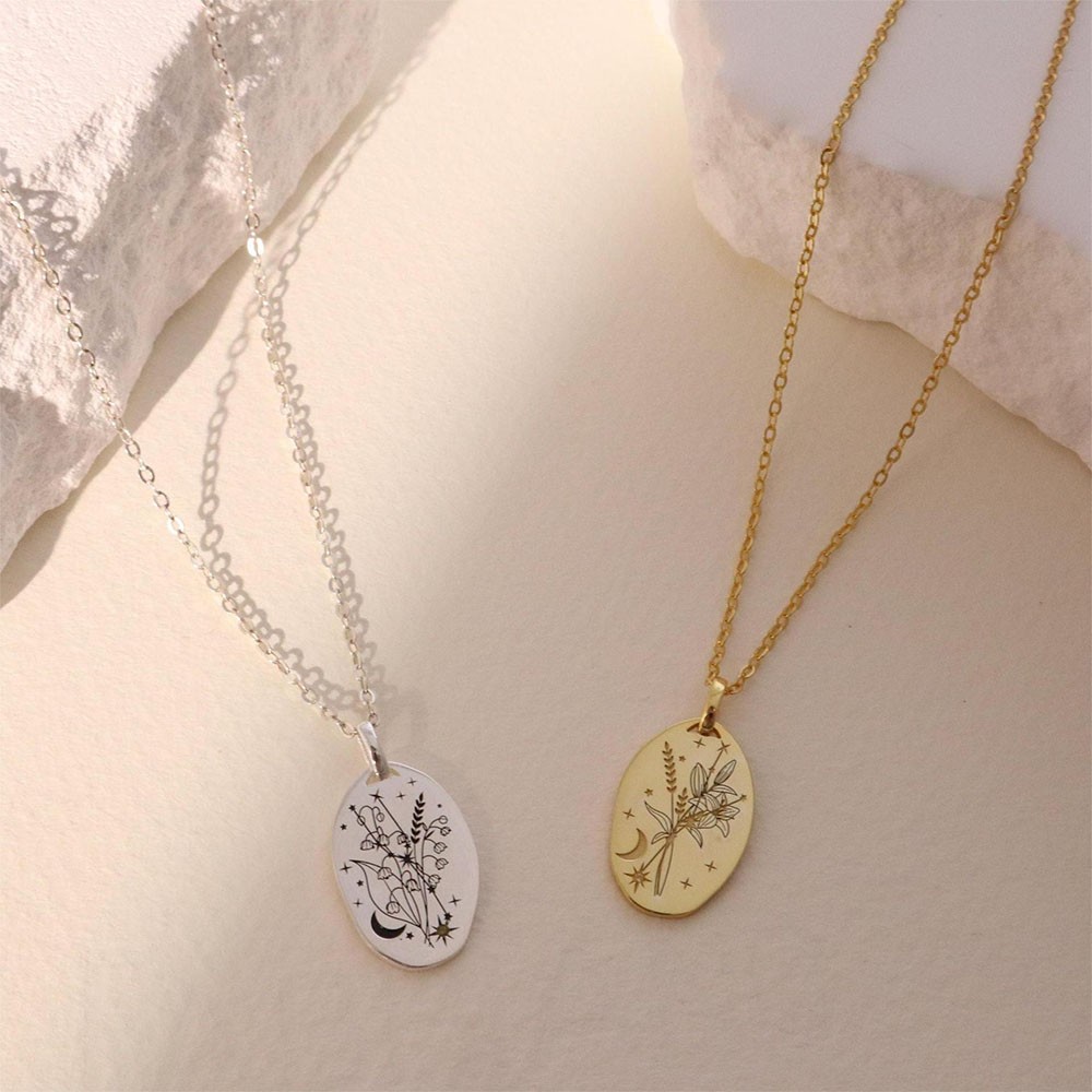 Custom Zodiac Sign Birth Flower Necklace With Initial, Star And Moon 