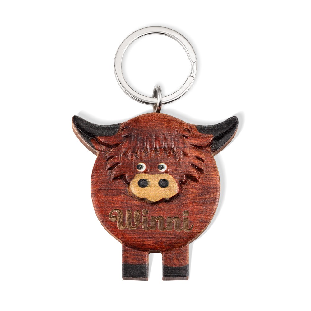 Personlig Highland Cow-nyckelring, anpassad Highland Cow-present, träkotillbehör, söt nyckelring, namnnyckelring