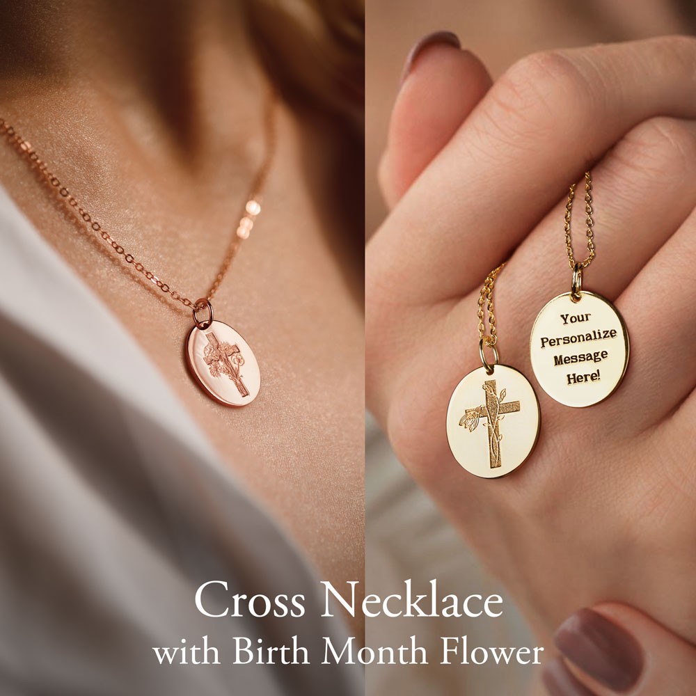 birth flower cross necklace for women