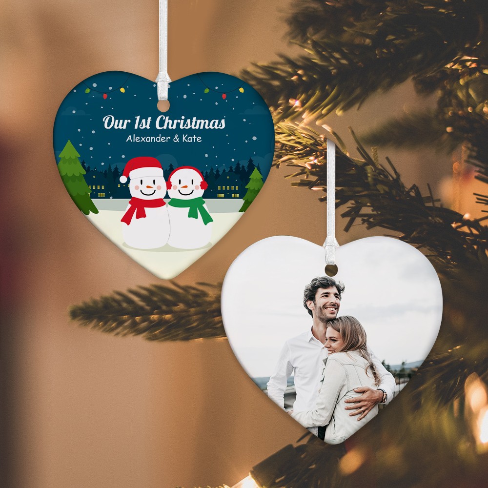 Personalisierter erster Weihnachtsschmuck für Paare, individuelle Namens- und Foto-Schneemann-Paardekorationen, Weihnachtsgeschenke, Geschenke für Brautpaare/Paare