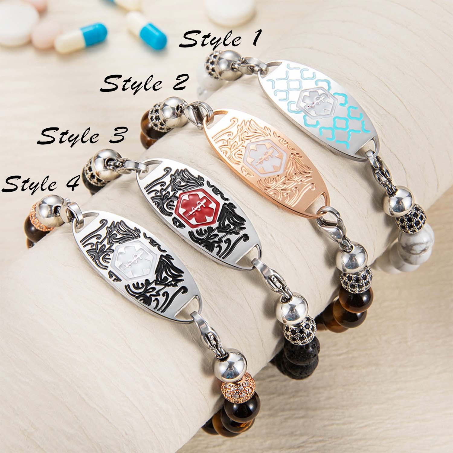 Bracciale di allarme medico personalizzato, braccialetto di emergenza con perline 7 chakra, braccialetto di identificazione medica, braccialetti incisi per nonna/nonno, regalo di Natale