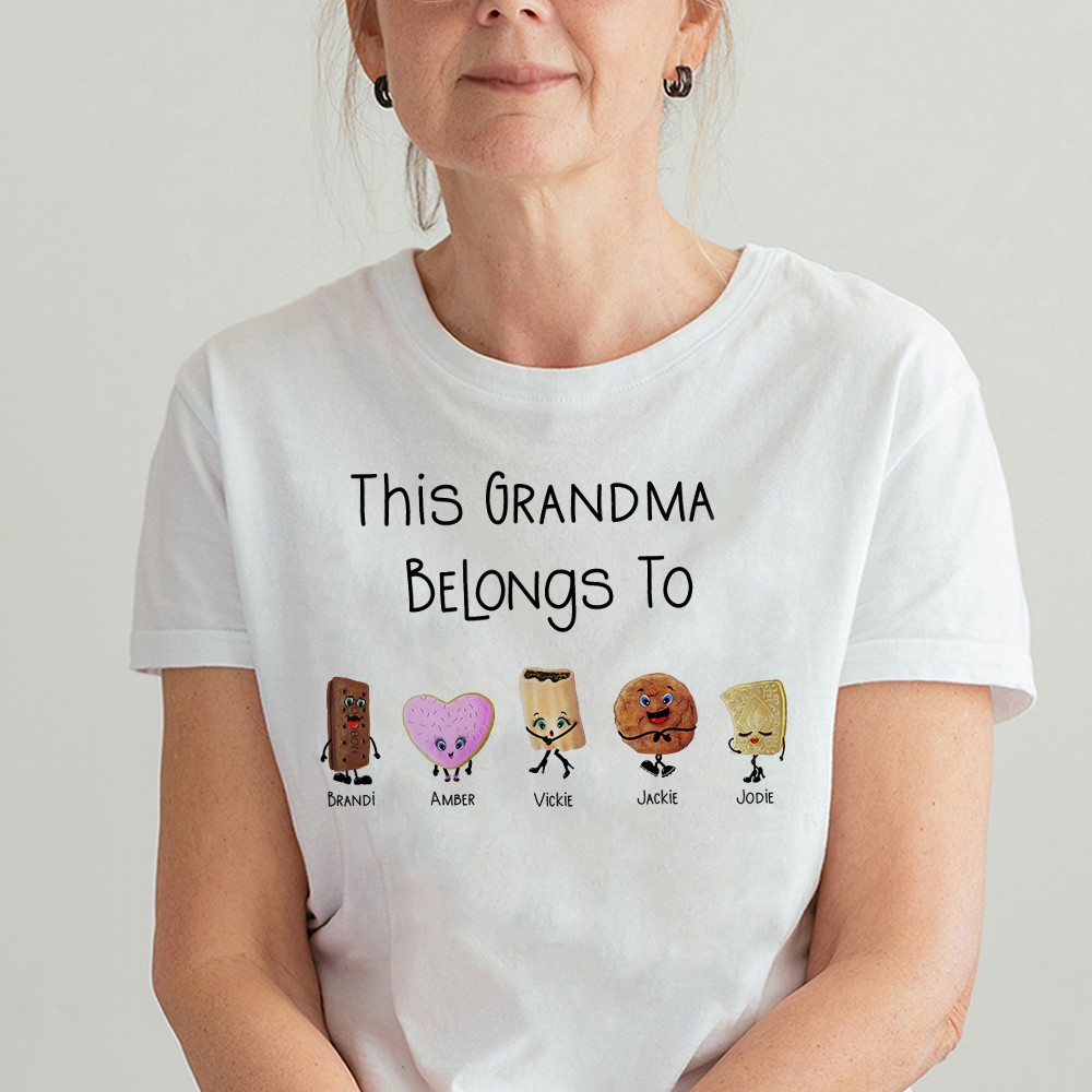 Camicia girocollo con nomi di famiglia personalizzati biscotti, maglietta e felpa con personaggio di biscotti carini, uomo e donna unisex, regalo di Natale per nonni/famiglia