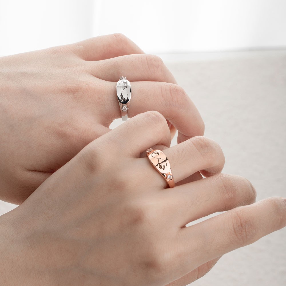 Anello personalizzato con fiori di nascita Infinity 2, anello in argento con nome personalizzato inciso, gioielli da donna, regali di compleanno, regali per amici/sorelle/coppie