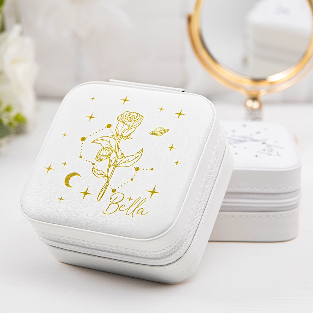 Custom Name Birth Flower Travel Jewelry Case, Personalized Zodiac Jewelry Box, Travel Accessories, Christmas/Birthday Gifts for Bridesmaid /Mom/Wife