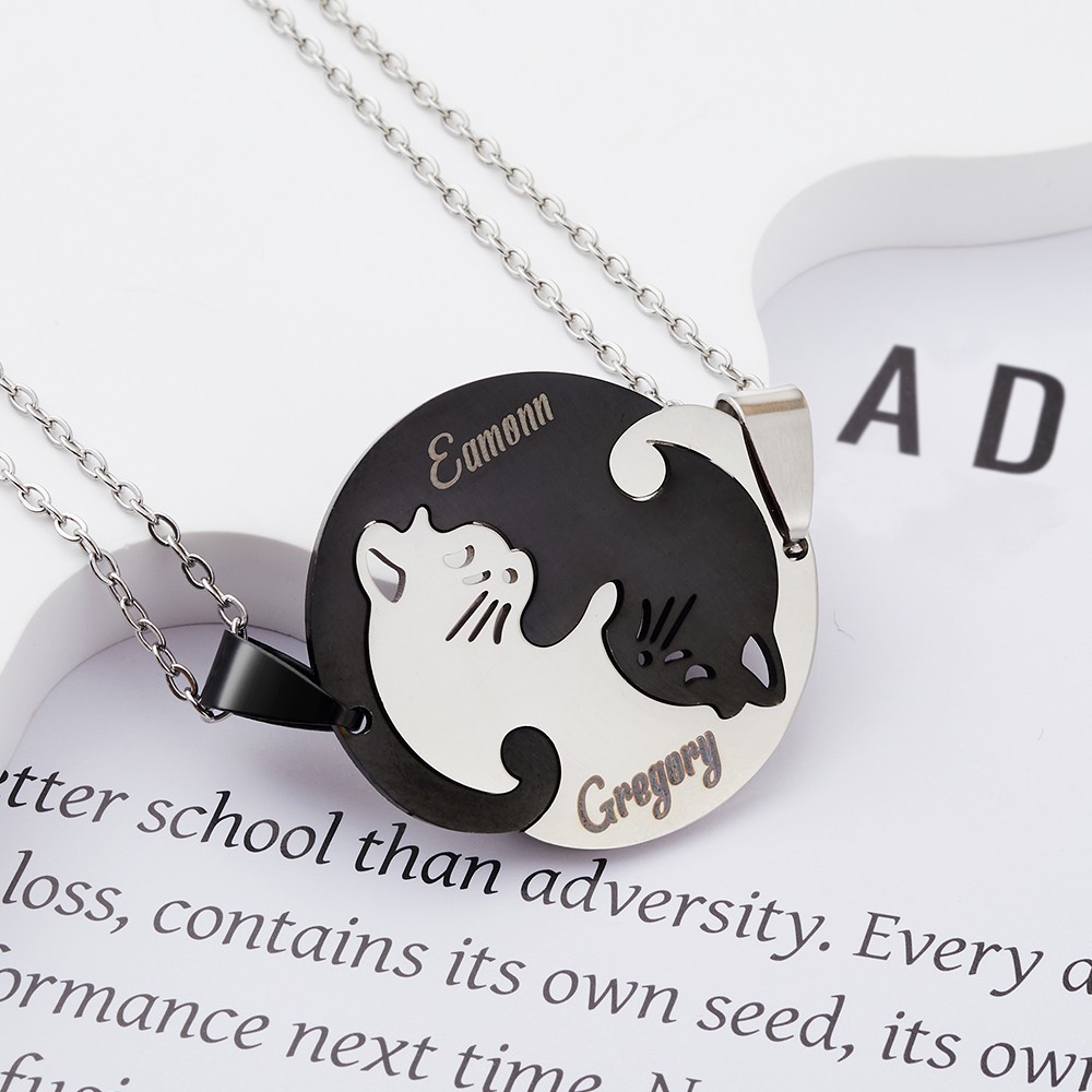 Custom Name Black and White Cat Necklace, Set of 2, Friendship Necklace, Sister Necklace, Best Friend Jewelry, Gift for Cat Lover/Friend/Her