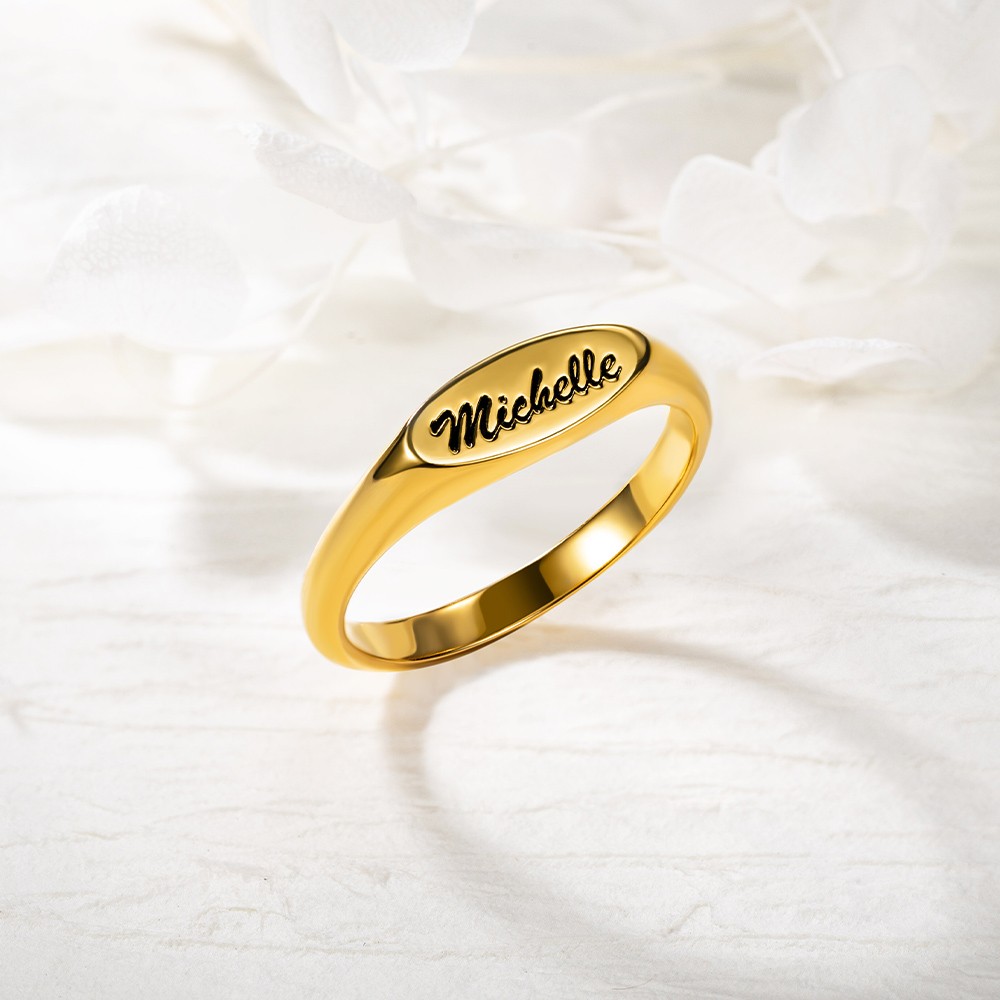 Personalized Name Oval Signet Ring, Dainty Engraved Statement Name Ring, Mother's Day/Birthday/Bridesmaid's Gift for Her/Wife/Family/Friends