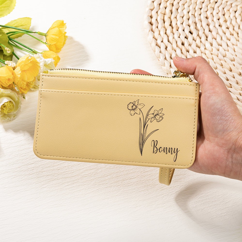 Personalisierter Geburtsblumen-Kartenhalter mit Reißverschluss und Namen, Monogramm-Geldbörse aus veganem Leder, Damenbrieftasche, Muttertags-/Brautjungferngeschenk für Frauen