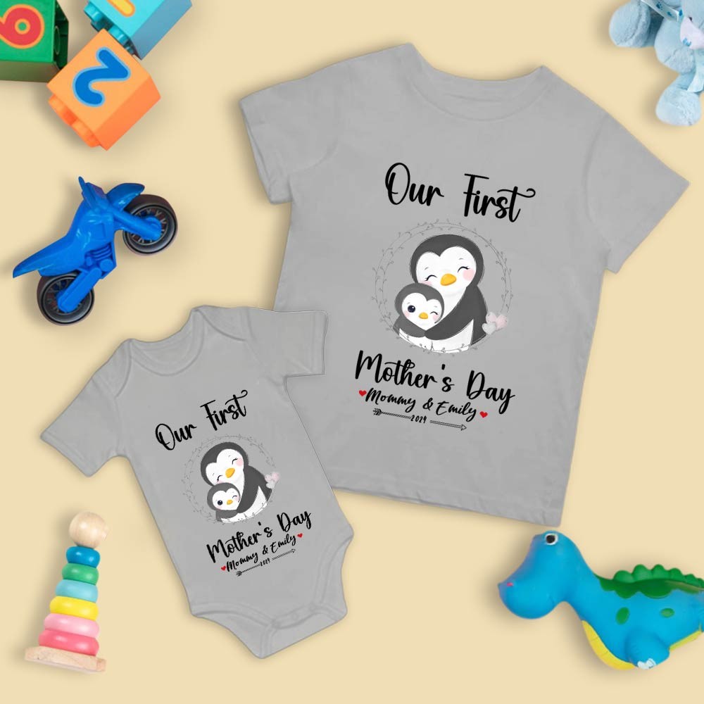 Vårt första mors dag mamma- och bebisset/matchande skjorta, mamma- och bebispresent, mamma bebispingviner, t-shirt Bodysuit Romper Babygrow-västset, ny mammapresent, morsdagspresent