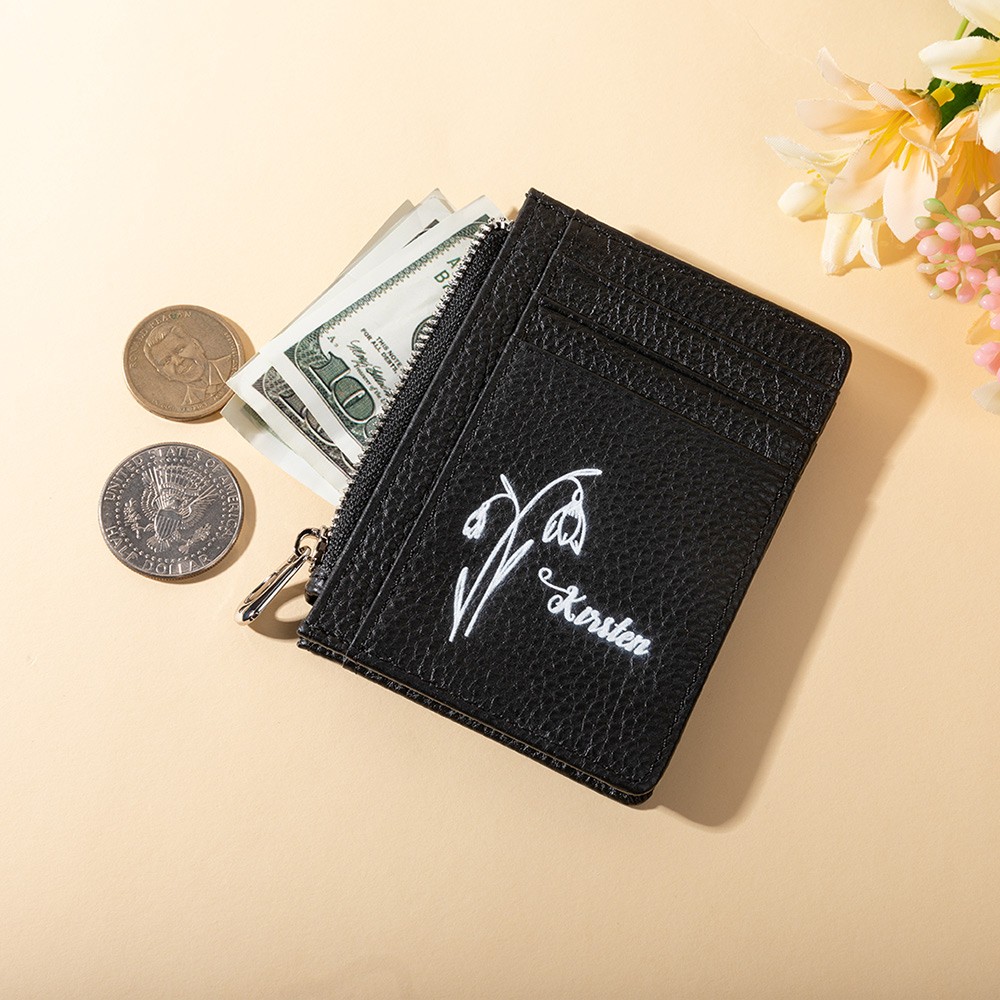 Customized Genuine Leather Birthday Flower Wallet, Personalized Small Coin Card Holder, Portable Coin Purse, Women's Wallet, Mother's Day Gift