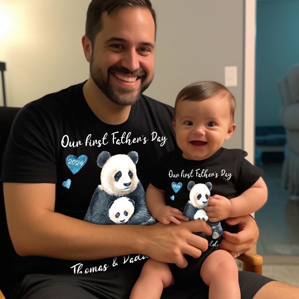 Camicie personalizzate Panda genitore-figlio, la nostra prima camicia per la festa del papà, camicia Panda, camicie abbinate per padre e bambino in cotone, regalo per la festa del papà per papà
