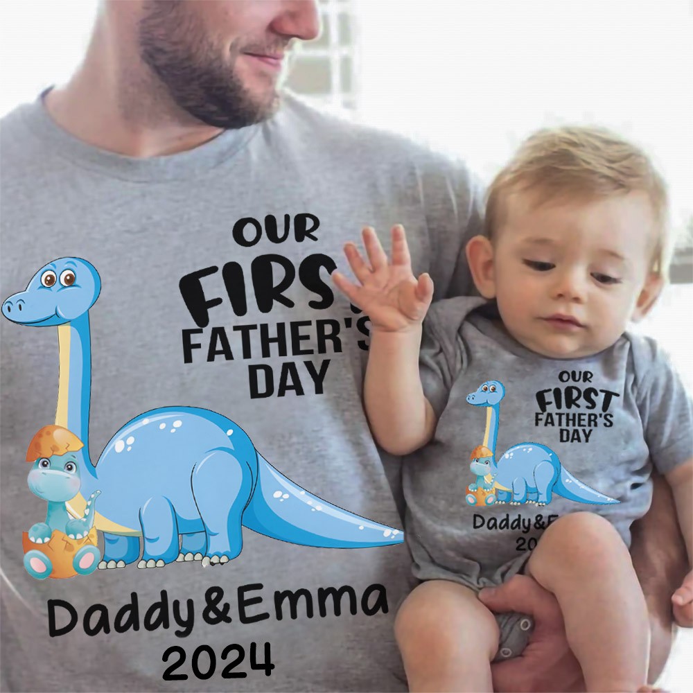 Gepersonaliseerde Brachiosaurus naam ouder-kind T-shirts, ons eerste vaderdag shirt, katoenen vader &amp; baby bijpassende shirts, cadeau voor papa/opa