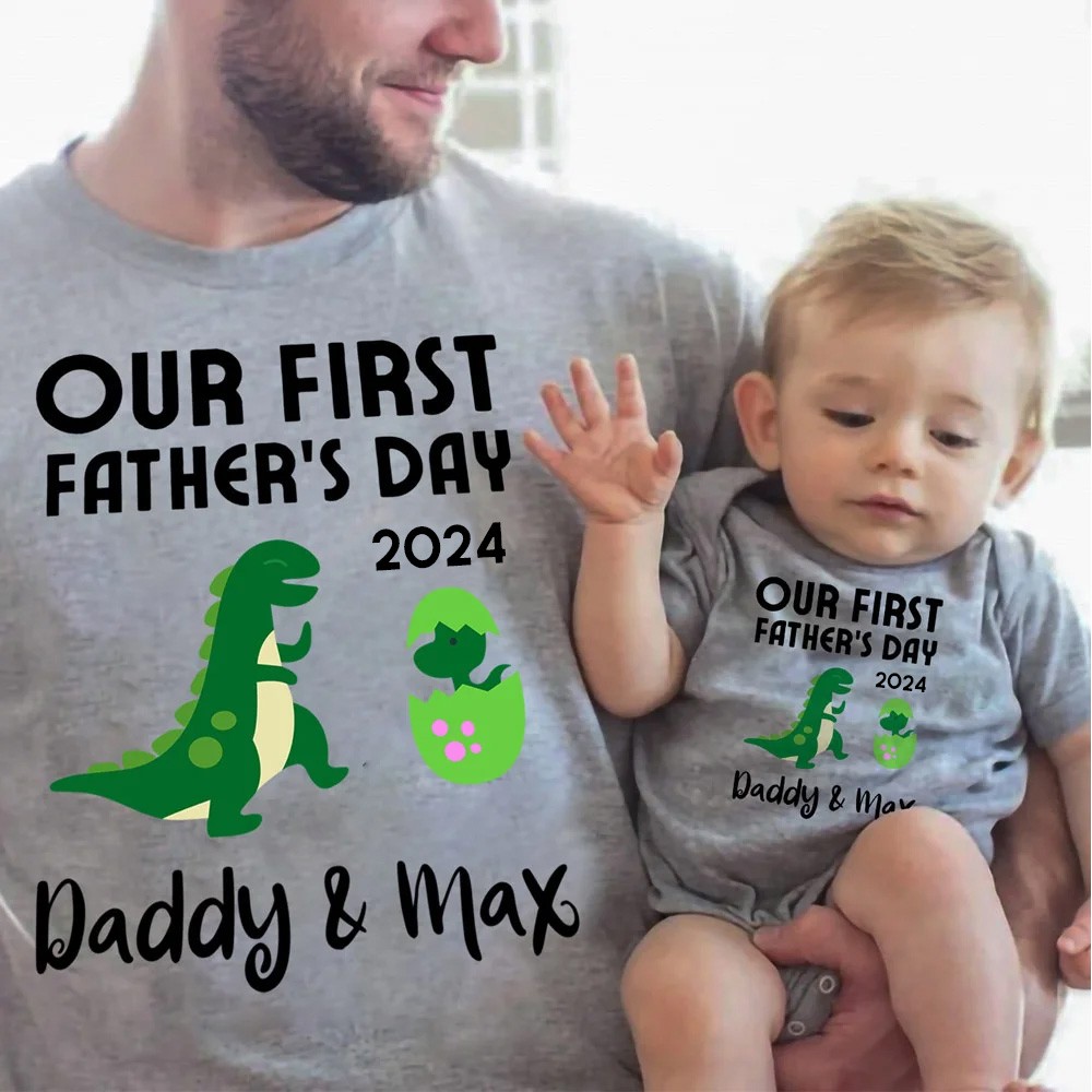 Anpassad tyrannosaurie-t-shirt, vår första farsdagströja, familjepresent, matchande bomullströja, farsdagspresent, present till pappa/bebis