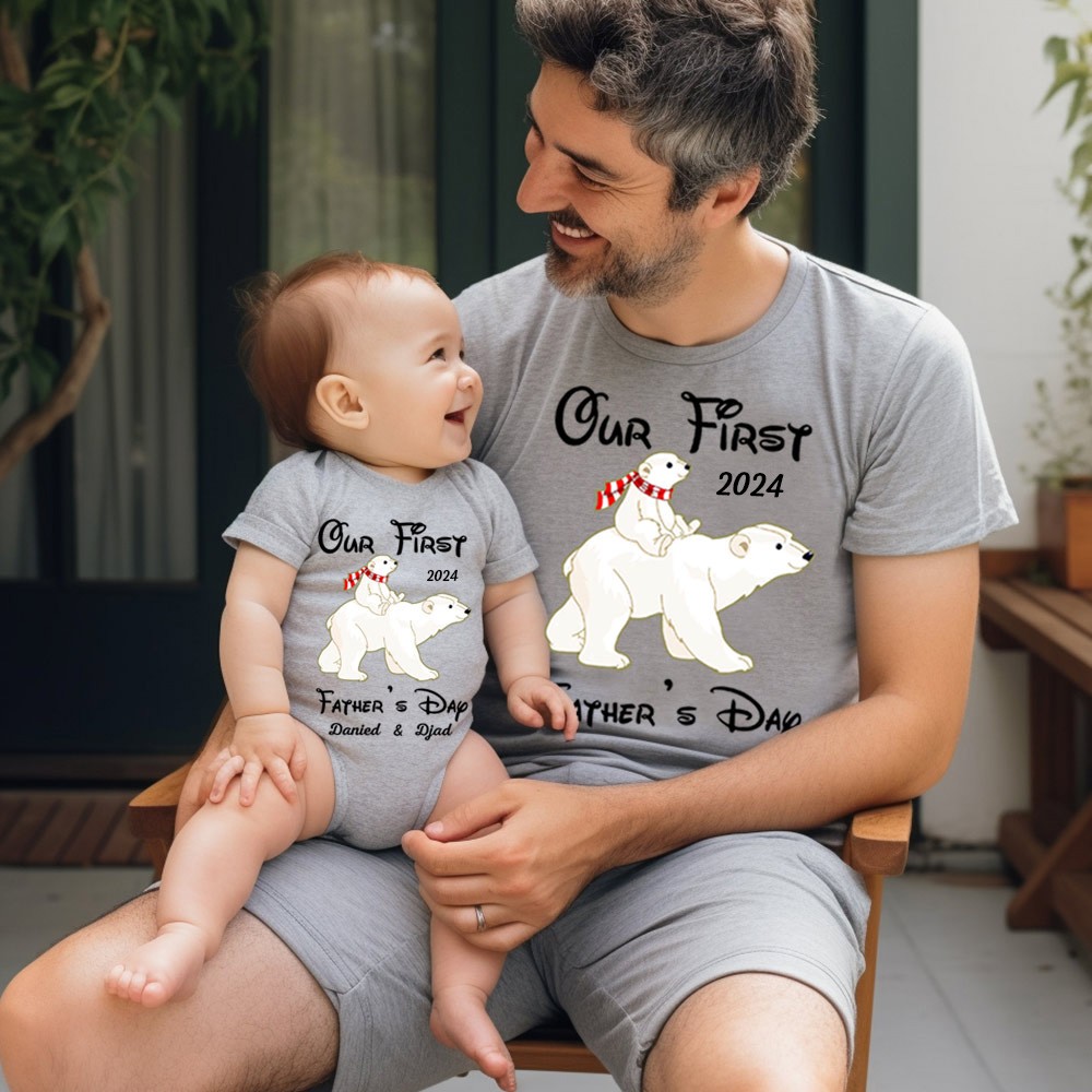 Benutzerdefiniertes Eisbär-T-Shirt und Baby-Strampler, unser erstes Vatertagsshirt, Familiengeschenk, passendes Baumwollshirt, Vatertagsgeschenk, Geschenk für Papa/Baby